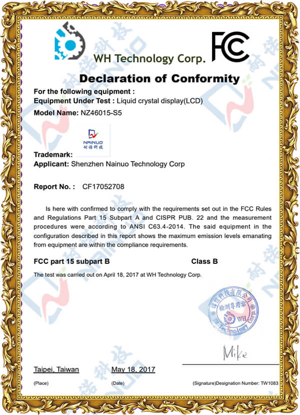 耐诺科技FCC产品认证证书